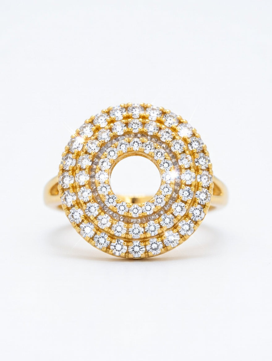 Gold-plated Celestial Halo Medallion Ring from Ashir Studio, tarnish-free jewelry with intricate celestial design.