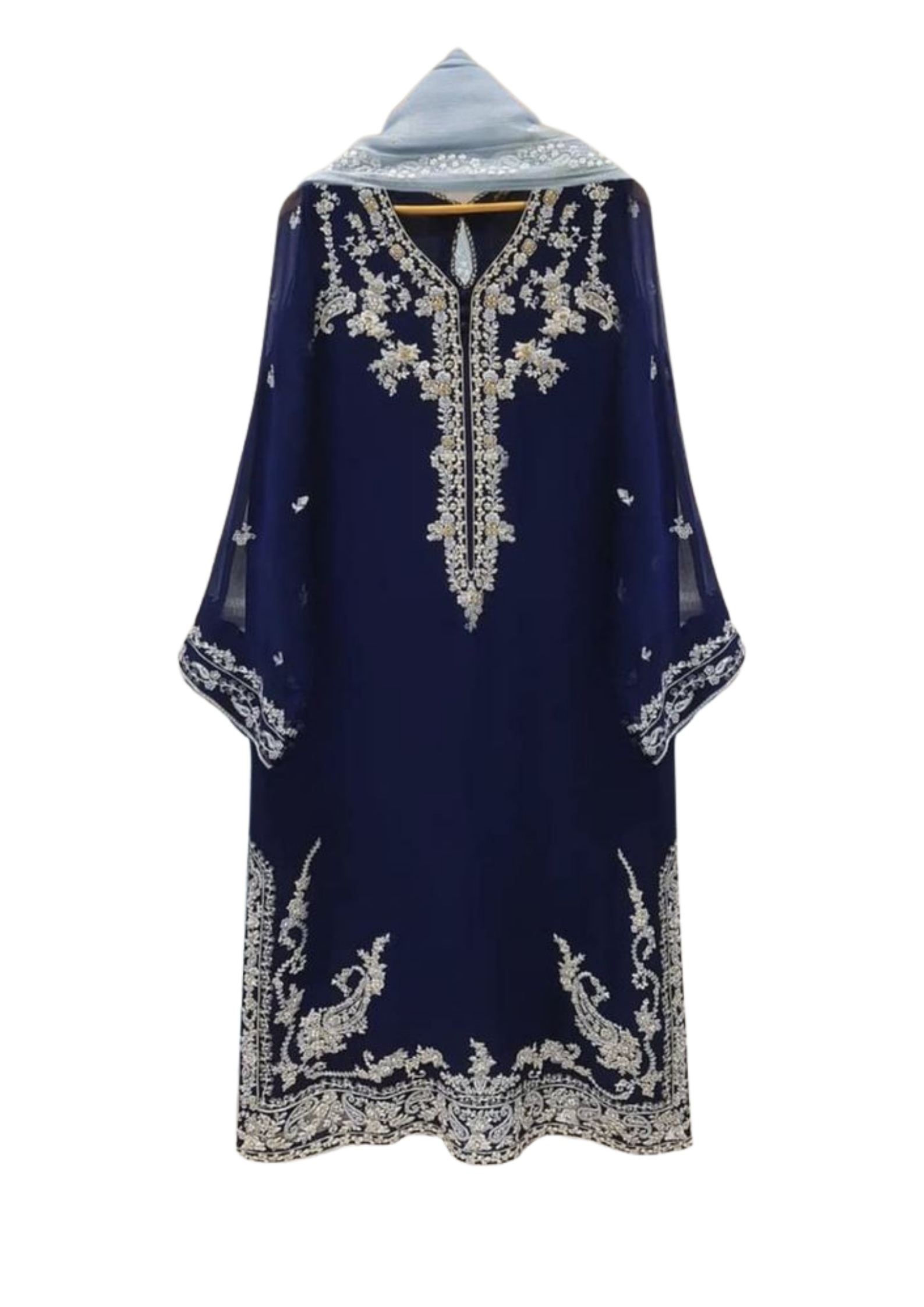 Navy blue chiffon kurta by Ashir Studio, featuring elegant fabric and traditional design, shown in a detailed front view.