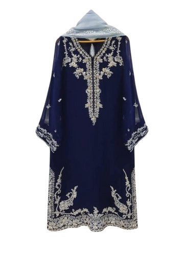 Navy blue chiffon kurta by Ashir Studio, featuring elegant fabric and traditional design, shown in a detailed front view.