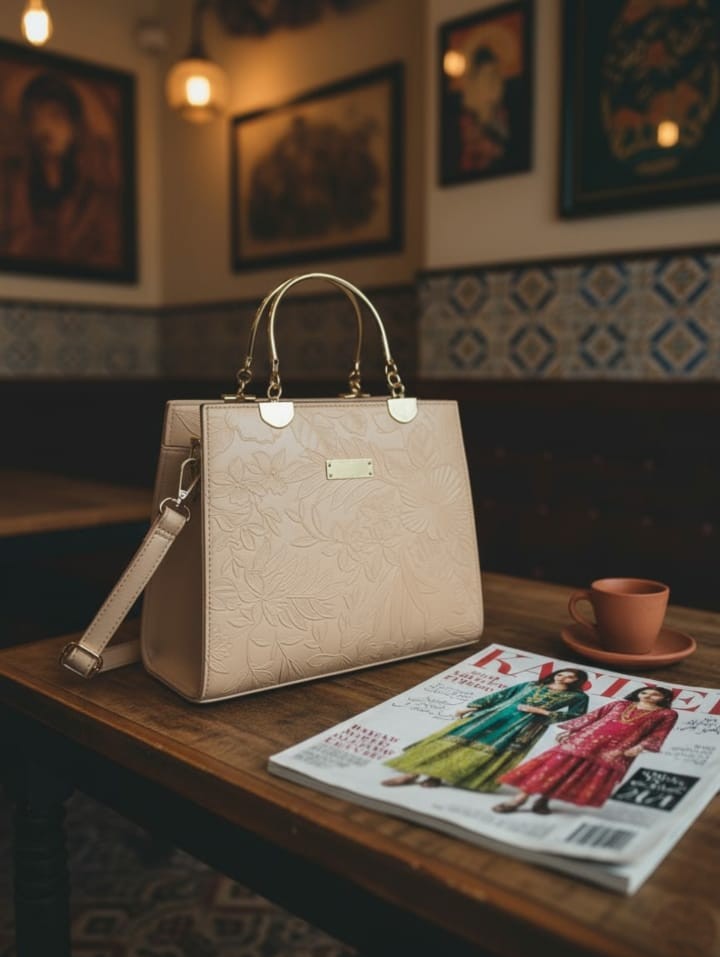 Ashir Studio floral embossed luxury tote jewelry collection with intricate floral patterns and elegant design.