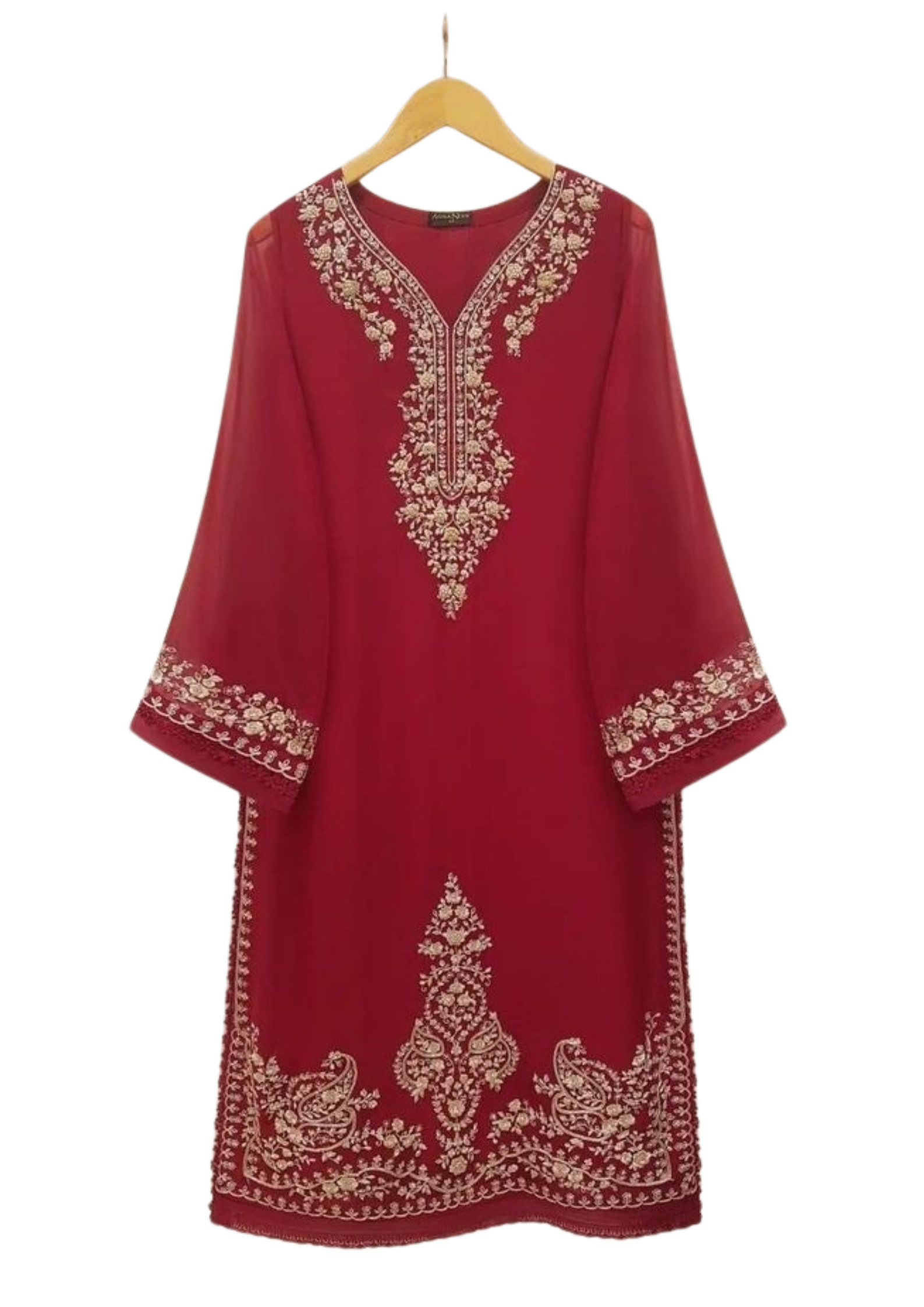 Handmade maroon chiffon kurta by Ashir Studio featuring traditional embroidery and flowy fabric, perfect for elegant traditional wear.