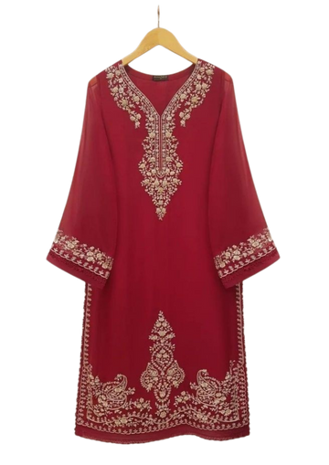 Handmade maroon chiffon kurta by Ashir Studio featuring traditional embroidery and flowy fabric, perfect for elegant traditional wear.