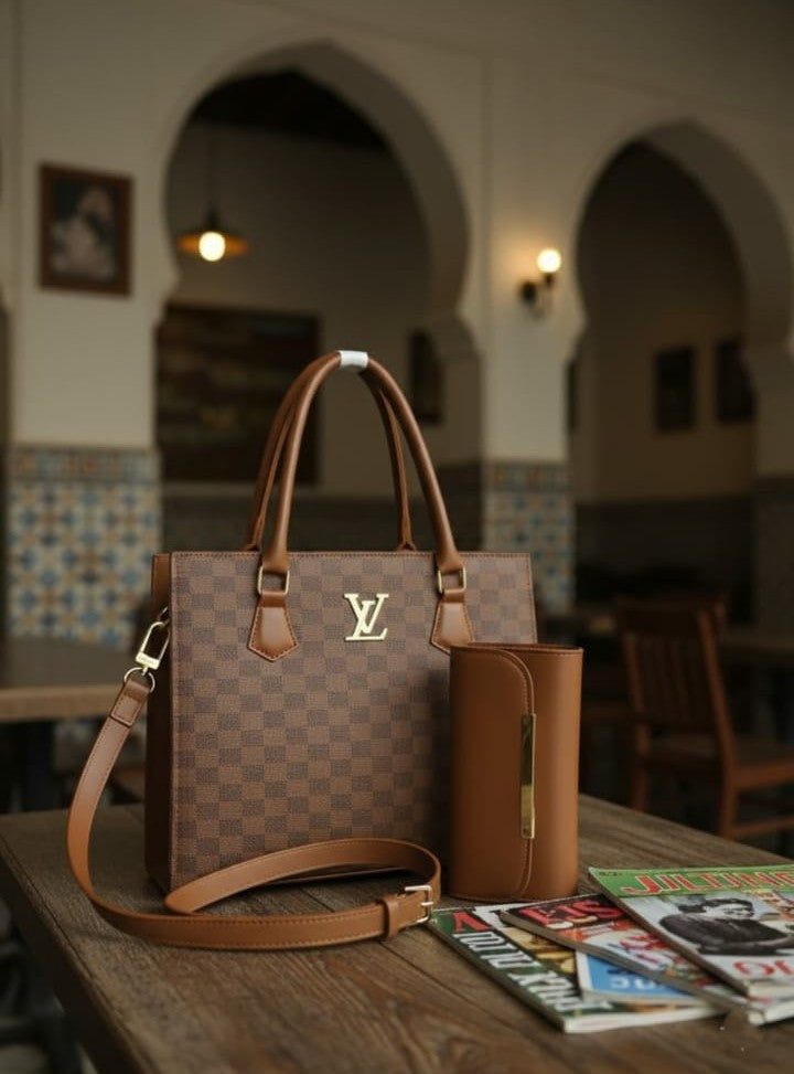Ashir Studio Regal Damier Check handbag and wallet set featuring elegant jewelry accessories in a stylish pattern.