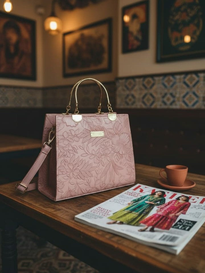 Ashir Studio floral embossed luxury tote collection jewelry box with intricate floral patterns and embossed details.