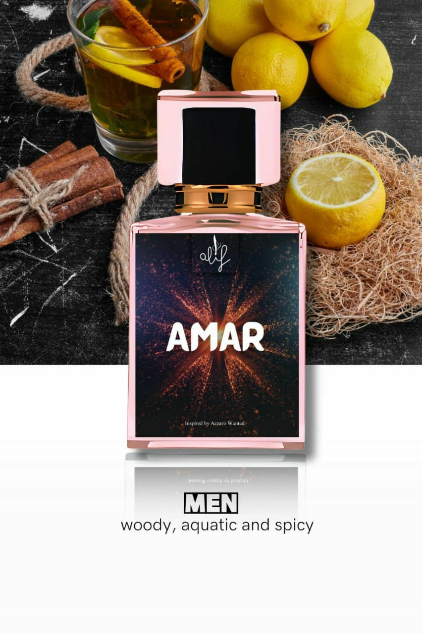 Ashir Studio Amar perfume bottle, elegant design with floral accents, showcasing a luxurious fragrance product.shop_this_look_EcLGgQ