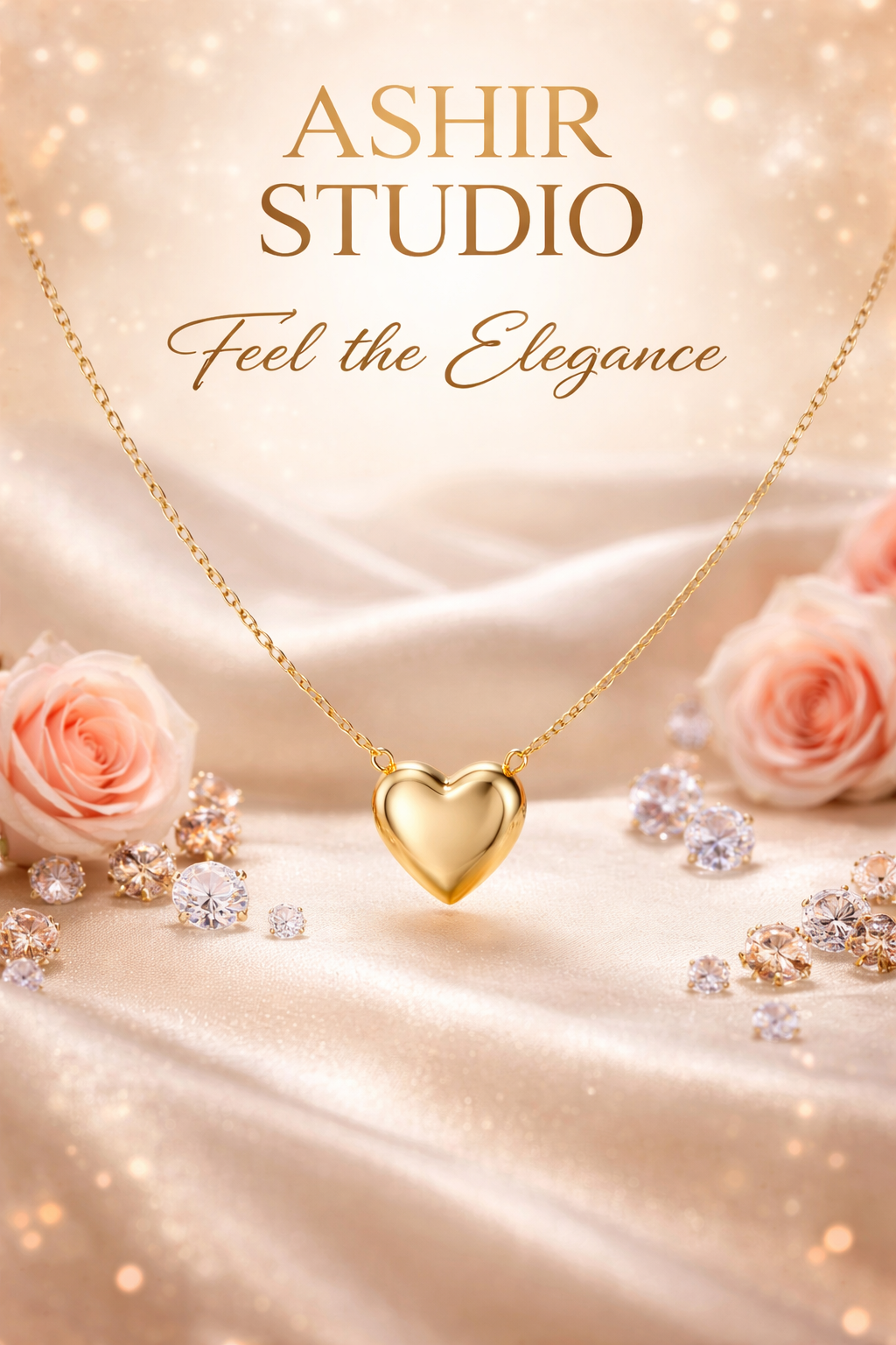 Gold heart-shaped necklace from Ashir Studio jewelry, featuring a delicate chain and a romantic heart pendant.