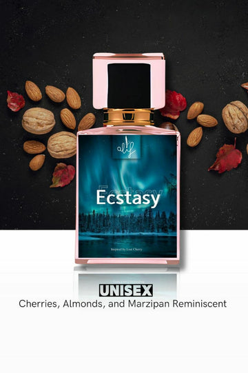 Ashir Studio Ecstasy perfume bottle with elegant design and floral accents, showcasing a luxurious fragrance product.