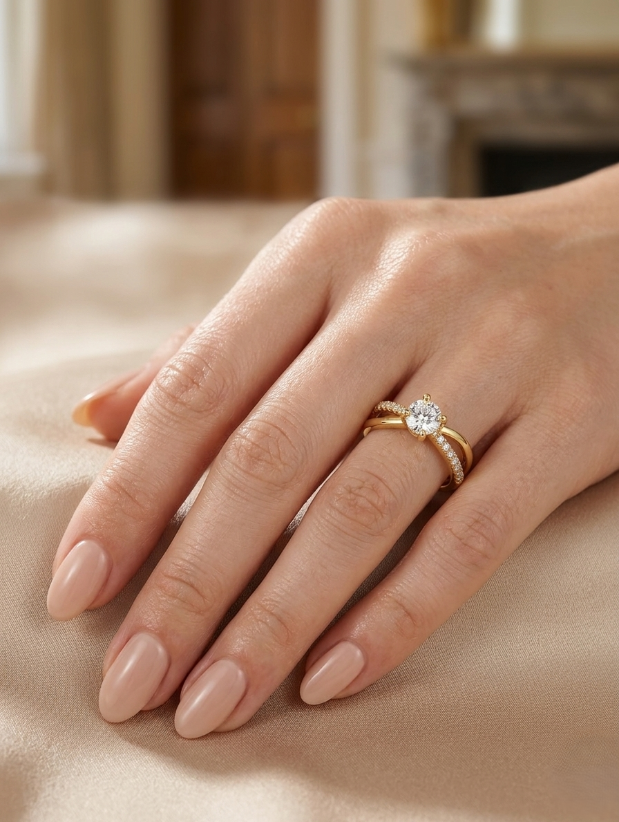 Round moissanite crossover ring in 18K yellow gold plating, showcasing elegant jewelry design with sparkling gemstones.