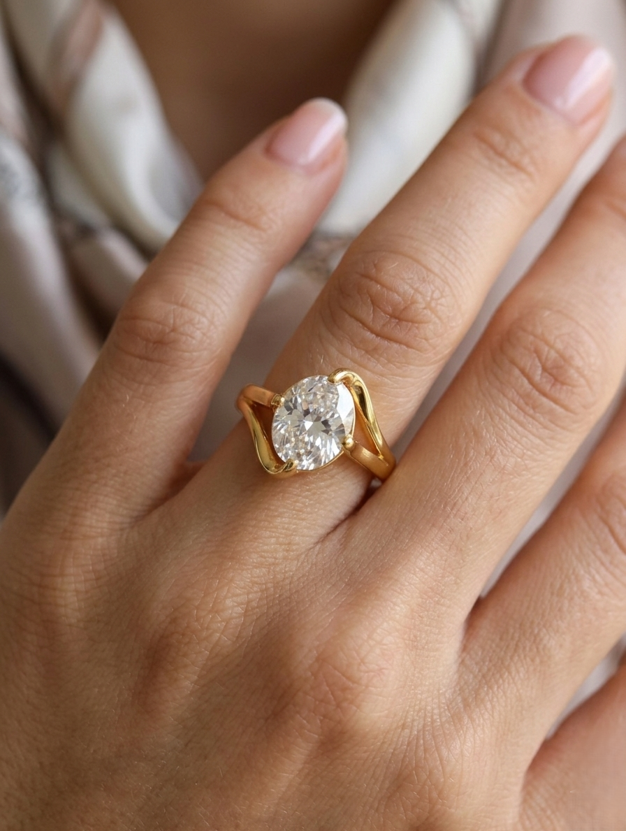 Gold-plated Radiant Oval Solitaire Bypass Ring by Ashir Studio, featuring a polished oval gemstone and elegant bypass design.
