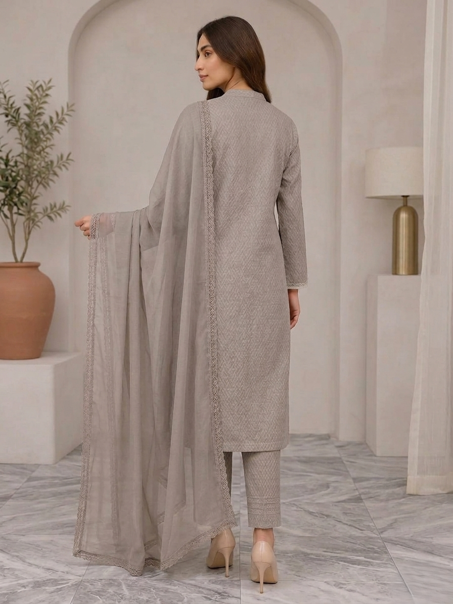 The Greige Lace-Trimmed Traditional Suit