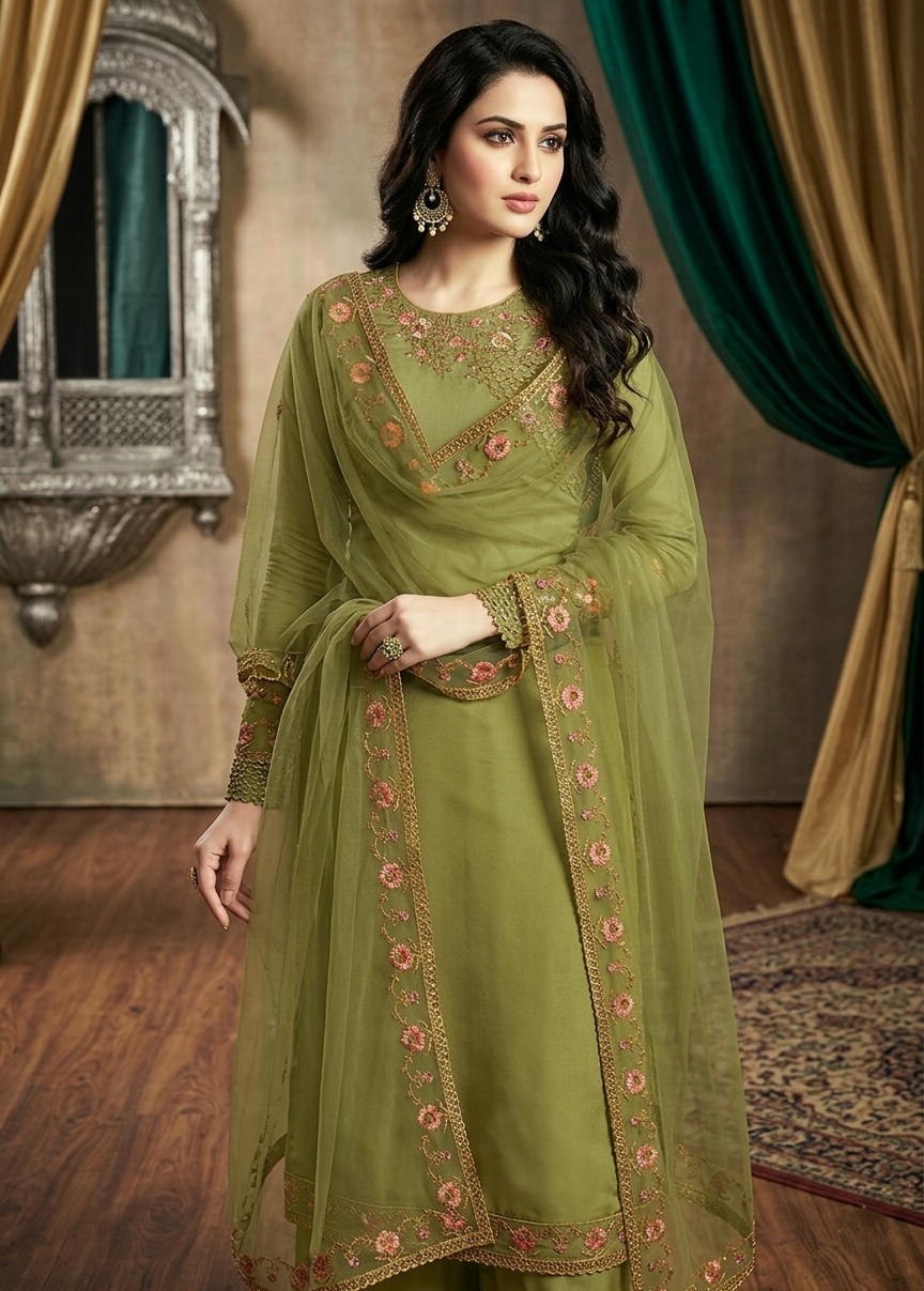 Luxury Olive Green Embroidered 3-Piece Suit