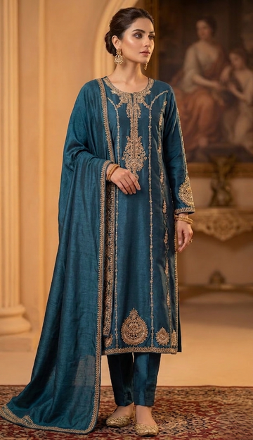 Heritage Elegance Silk Set – Ocean Teal & Gold Accent