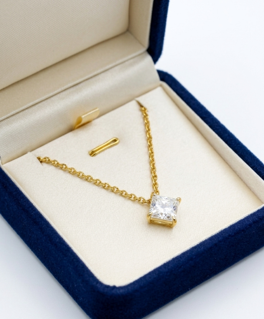 Diamond-shaped square-cut solitaire necklace by Ashir Studio featuring a sparkling gemstone pendant on a delicate chain.