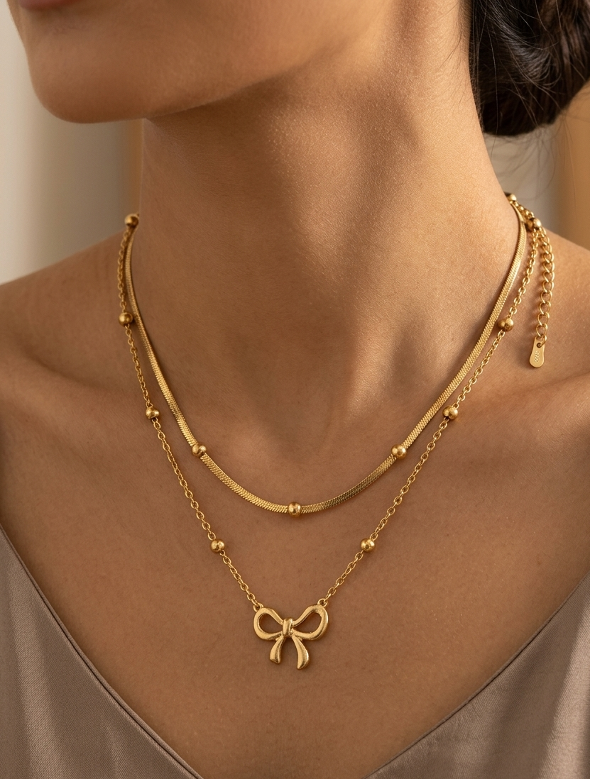 Ashir Studio bow necklace with double chain, elegant jewelry featuring a delicate bow pendant on layered chains.