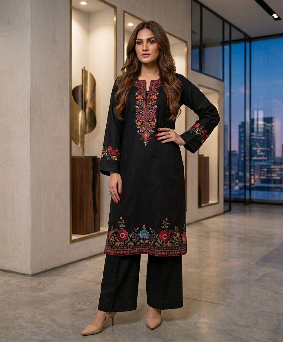 Elegant Black Embroidered 2-Piece Suit