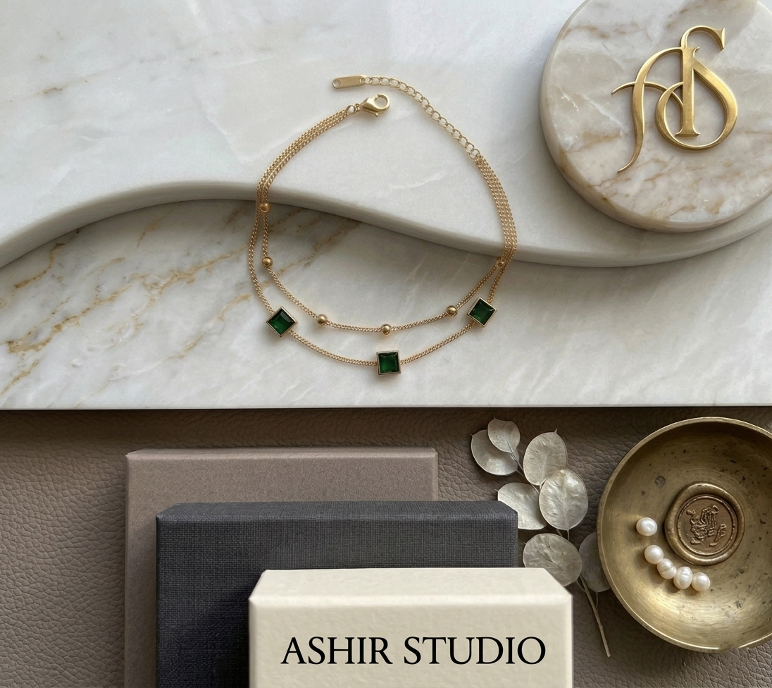 Emerald Luxe bracelet by Ashir Studio featuring a square charm, elegant jewelry piece for girls with vibrant green gemstones.