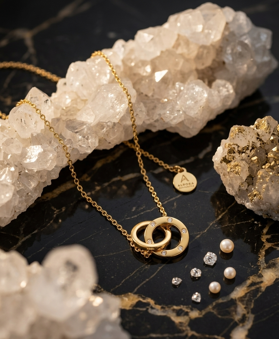 Ashir Studio interlocking double circle crystal necklace featuring sparkling crystal accents and a delicate chain.