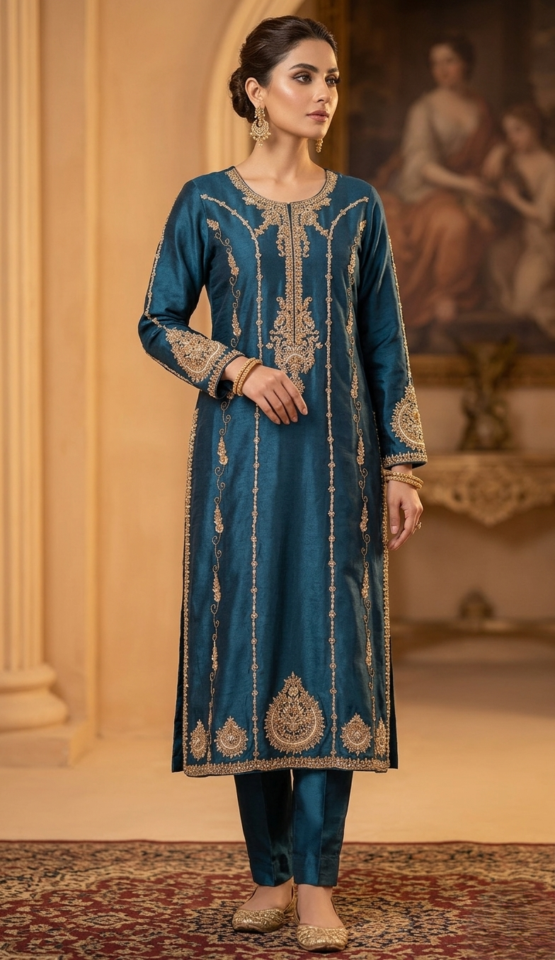 Heritage Elegance Silk Set – Ocean Teal & Gold Accent