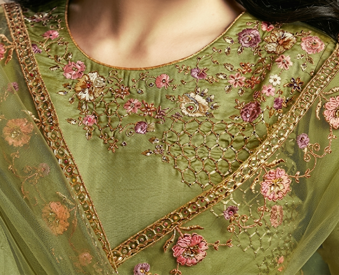 Luxury Olive Green Embroidered 3-Piece Suit