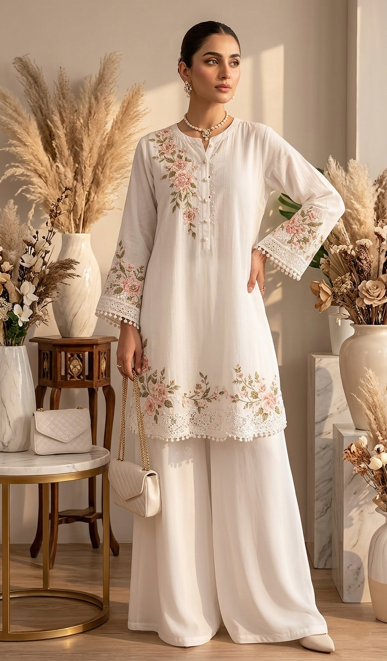 Elegant White Embroidered 2-Piece Suit