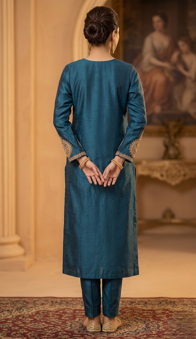 Heritage Elegance Silk Set – Ocean Teal & Gold Accent