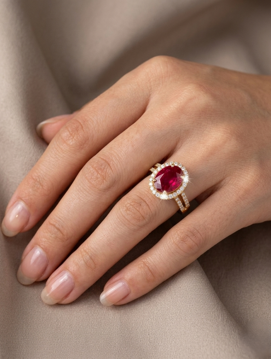 Ashir Studio Ruby Rose crystal halo ring with split pave band, showcasing sparkling gemstones and intricate jewelry design.