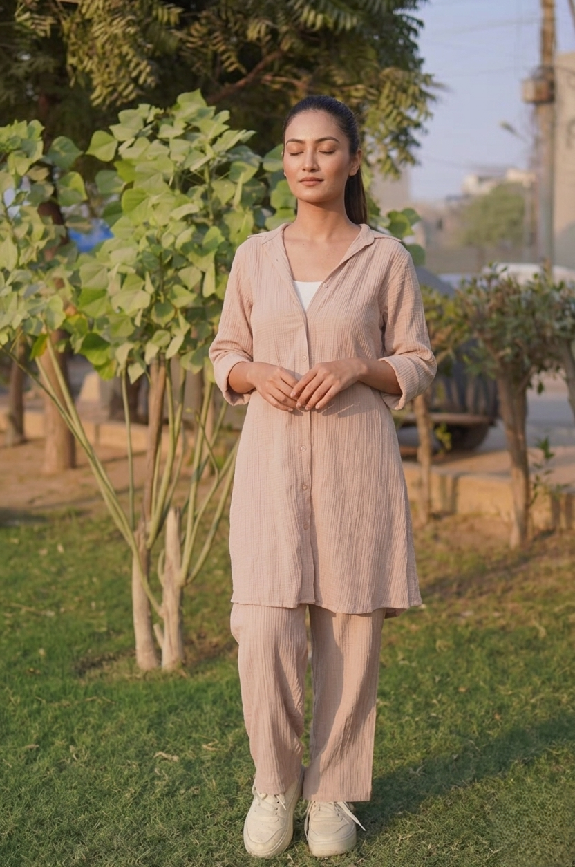 Two-piece co-ord set by Ashir Studio featuring a stylish matching top and skirt in vibrant fabric, perfect for casual or semi-formal wear.
