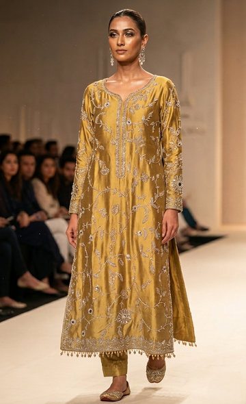 Runway Ochre Peshwas – Mustard Gold & Silver Flora