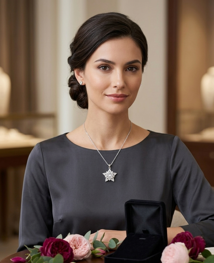 Silver star necklace featuring a magic touch design from Ashir Studio, displayed on a delicate chain.