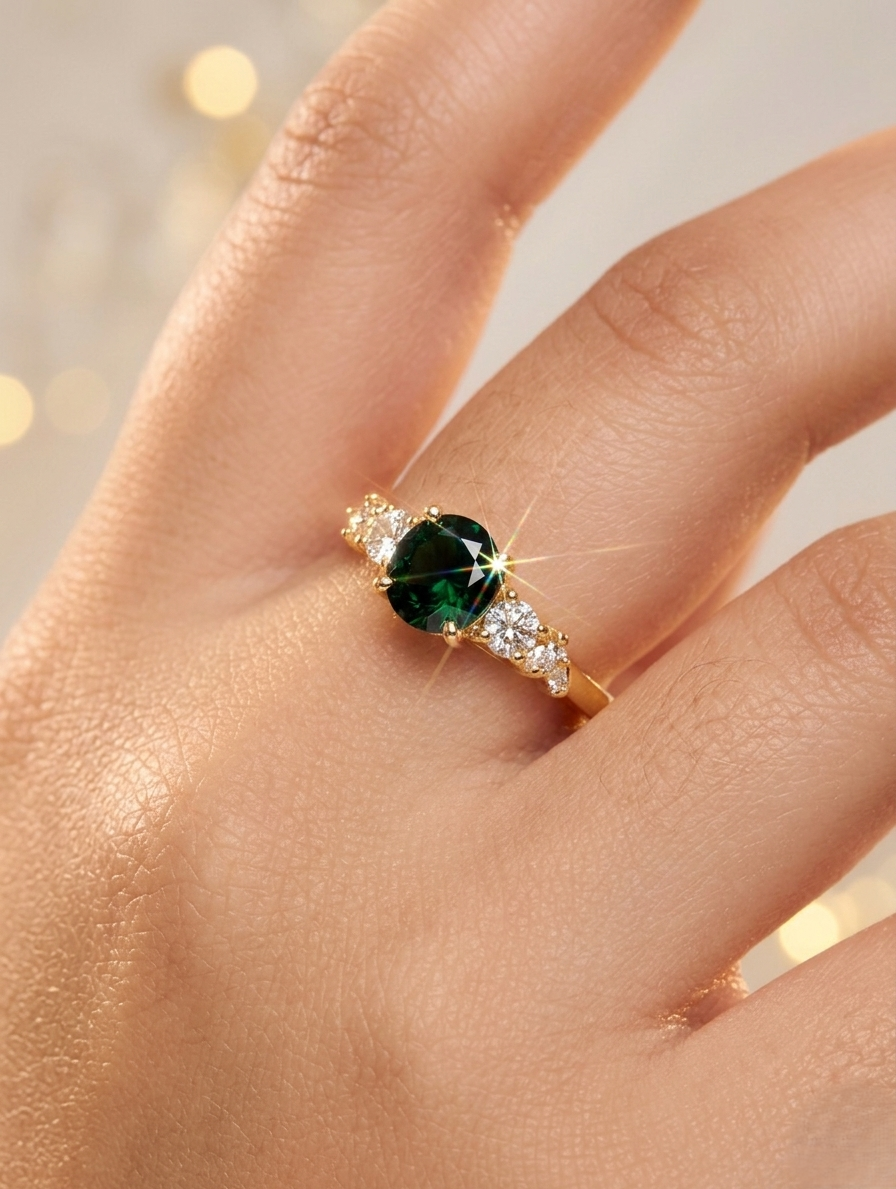 Ashir Studio Luxe emerald solitaire ring with 18K gold plating, showcasing a sparkling emerald gemstone on a sleek band.