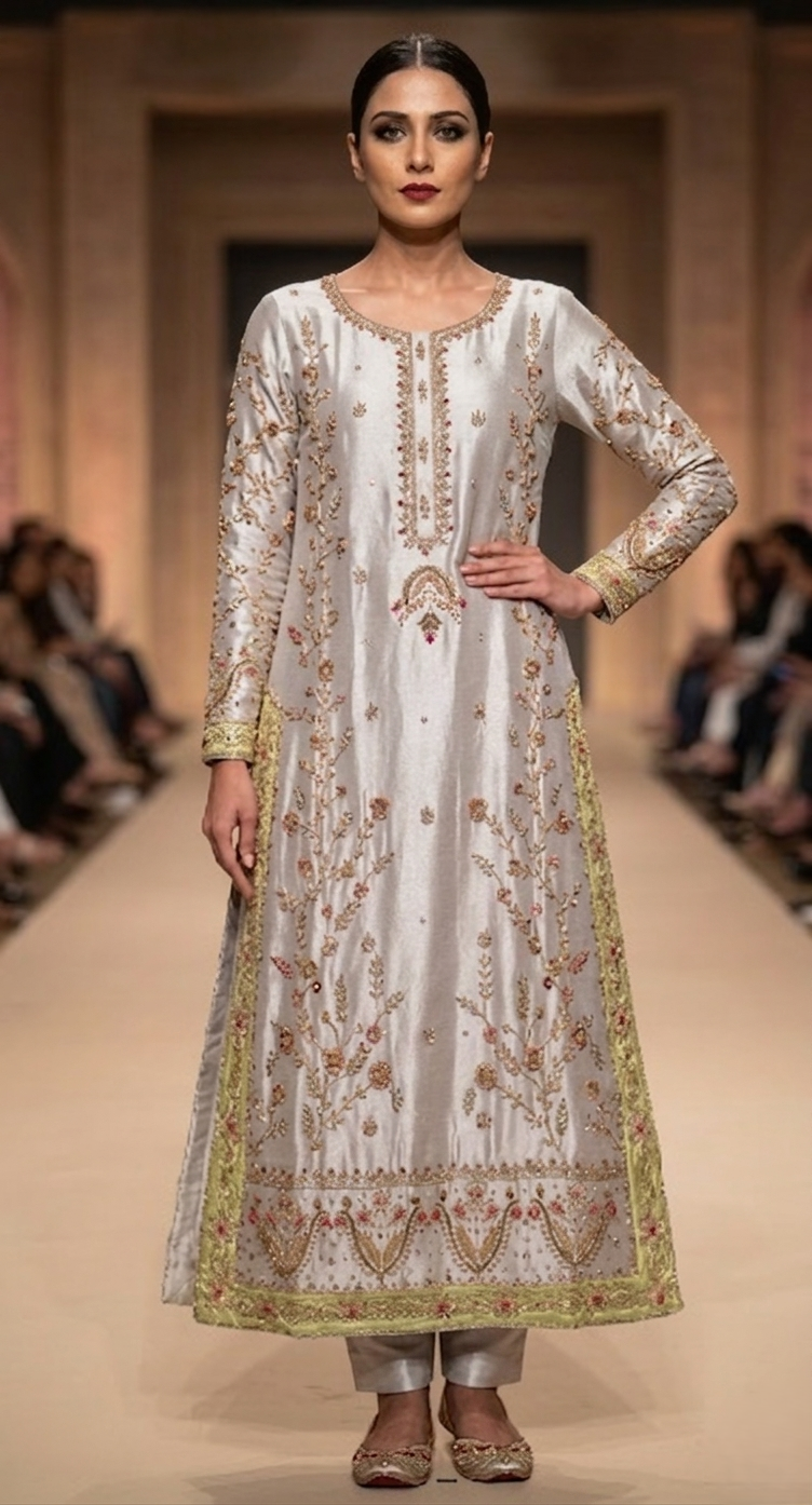 Majestic Ivory A-Line Set – Silver Glow & Olive Accent