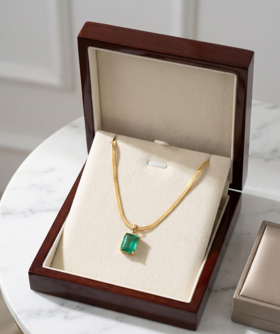 Green emerald necklace from Ashir Studio showcasing a vibrant gemstone pendant on a delicate chain.