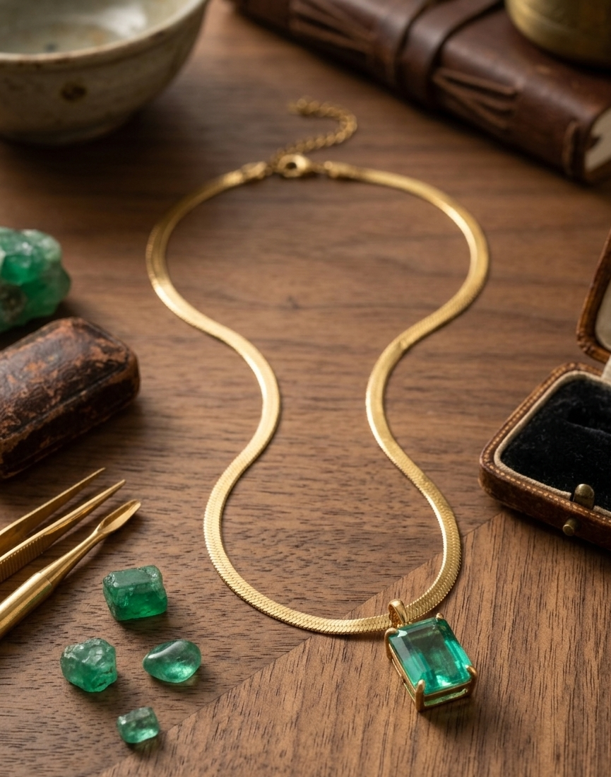 Green emerald necklace from Ashir Studio featuring a delicate silver chain and a vibrant emerald pendant.