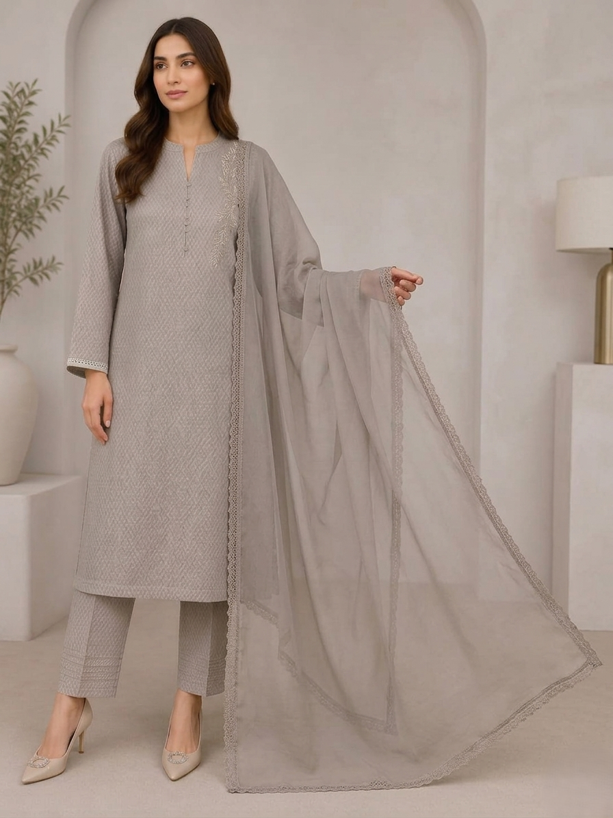 The Greige Lace-Trimmed Traditional Suit