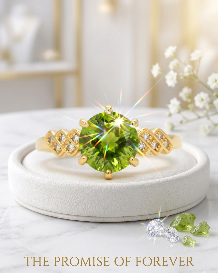 Olive green zirconia statement ring with 18K gold plating from Ashir Studio, tarnish-free jewelry design.