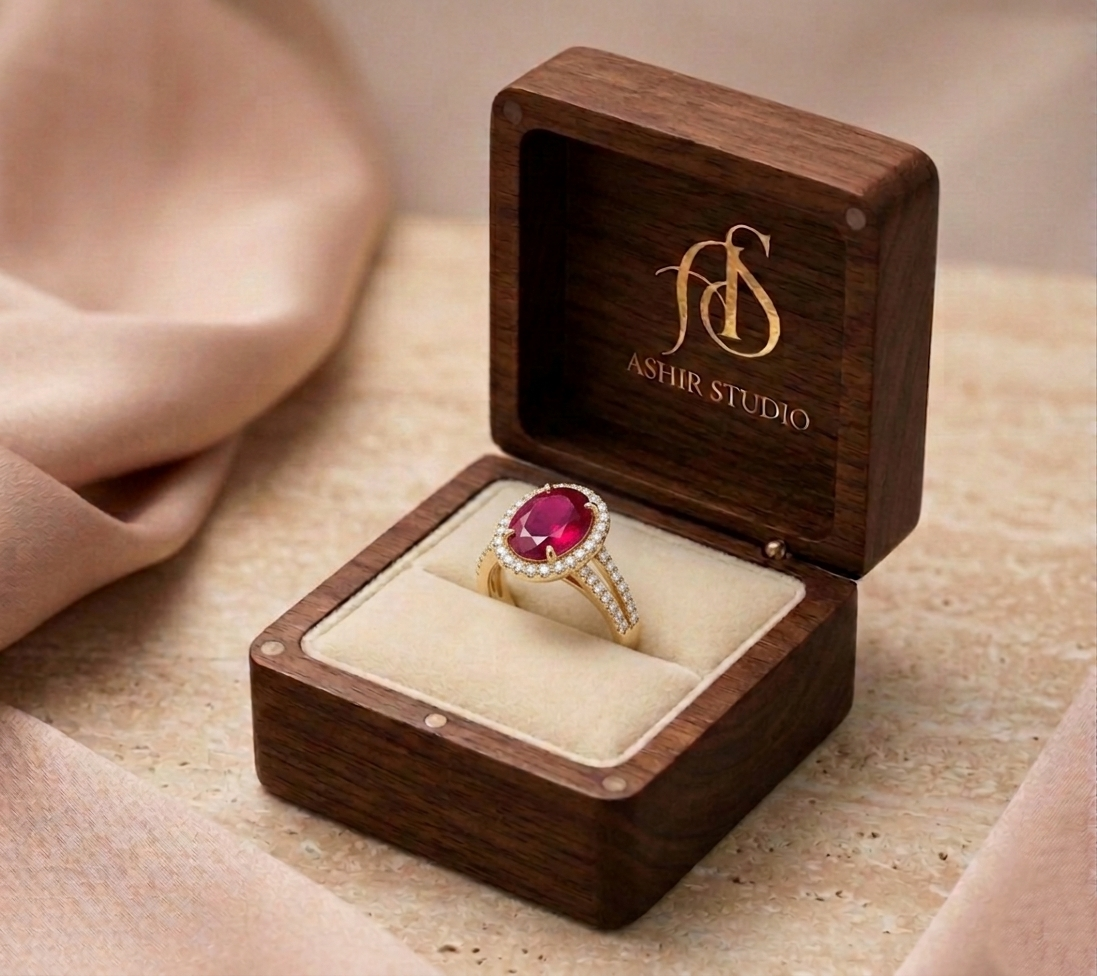 Ashir Studio Ruby Rose crystal halo ring with split pave band, featuring sparkling gemstones and elegant jewelry design.