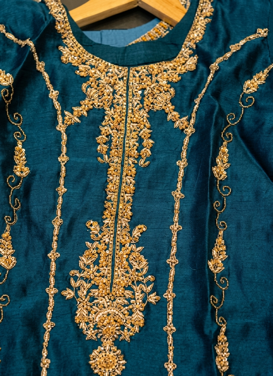 Heritage Elegance Silk Set – Ocean Teal & Gold Accent