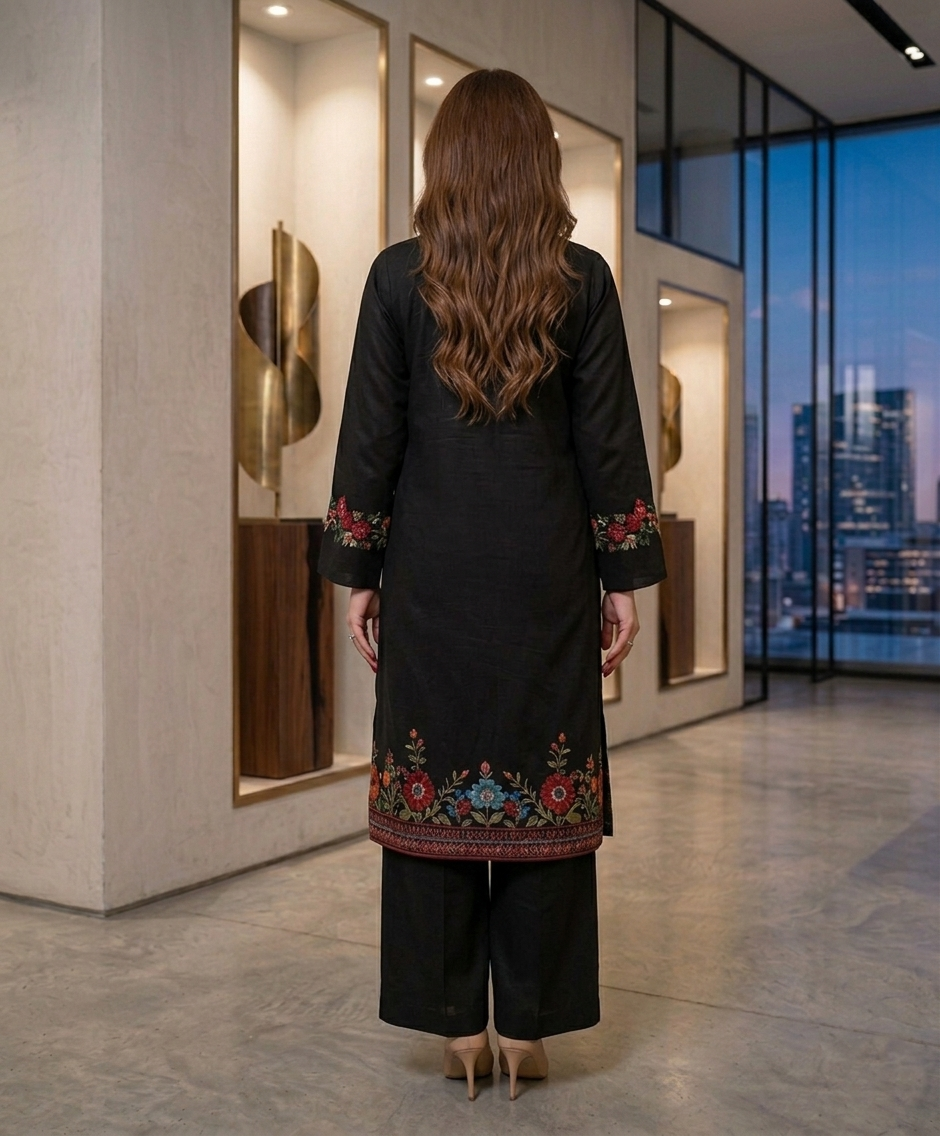 Elegant Black Embroidered 2-Piece Suit