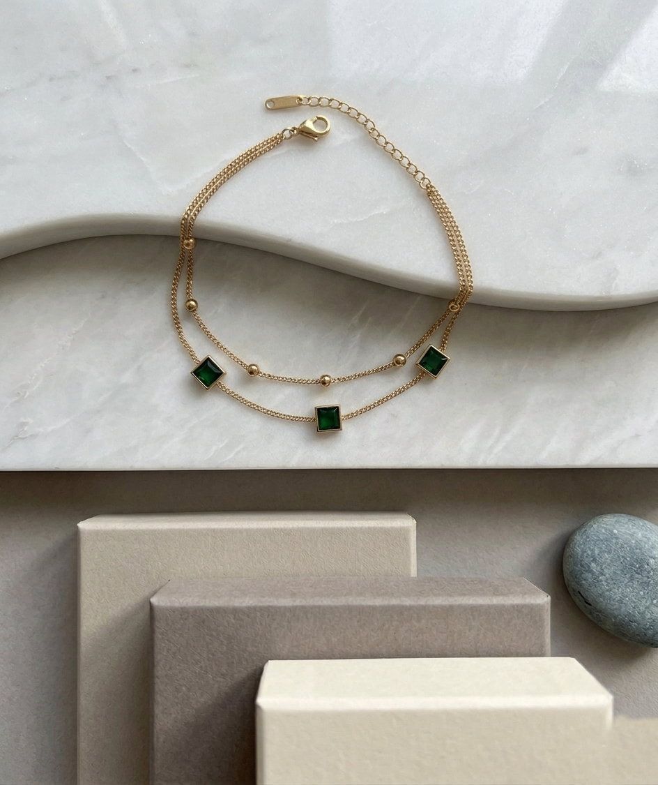 Emerald Luxe Square Charm Bracelet for girls by Ashir Studio, featuring a stylish green gemstone and elegant jewelry design.