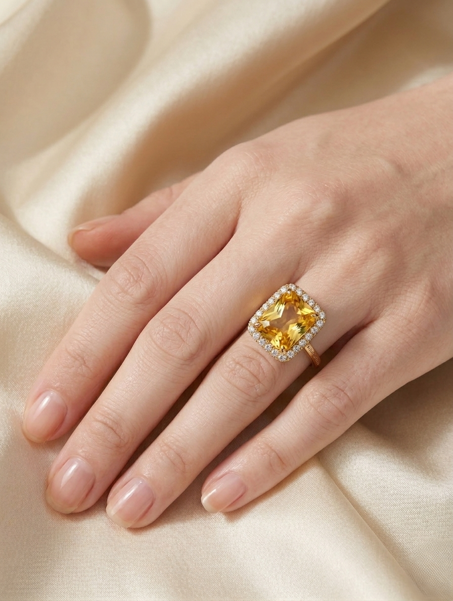 Ashir Studio radiant sunshine cushion-cut citrine halo statement ring showcasing a vibrant yellow gemstone and intricate silver setting.