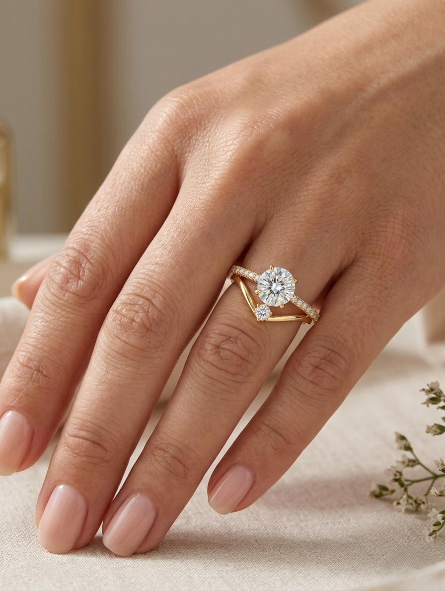 Ashir Studio Luxe Oval V-Shaped Solitaire Ring in 18K gold plating with tarnish-free finish, showcasing elegant jewelry design.