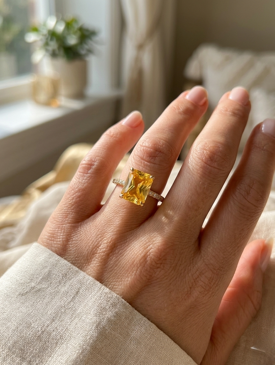 Emerald-cut citrine ring with sparkle accents from Ashir Studio, showcasing a gold band and vibrant gemstone setting.
