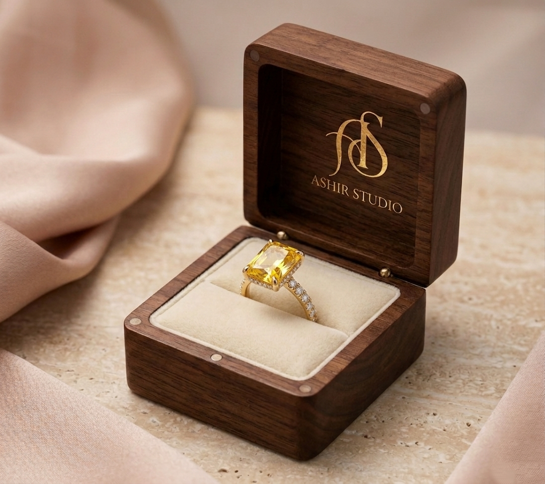 Emerald-cut citrine ring with sparkle accents from Ashir Studio, showcasing a vibrant yellow gemstone and elegant jewelry design.