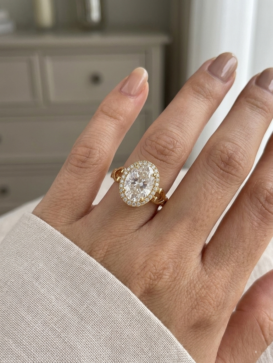 Ashir Studio Eternal Glow Oval Halo Statement Ring featuring a large oval gemstone with intricate halo design in jewelry style