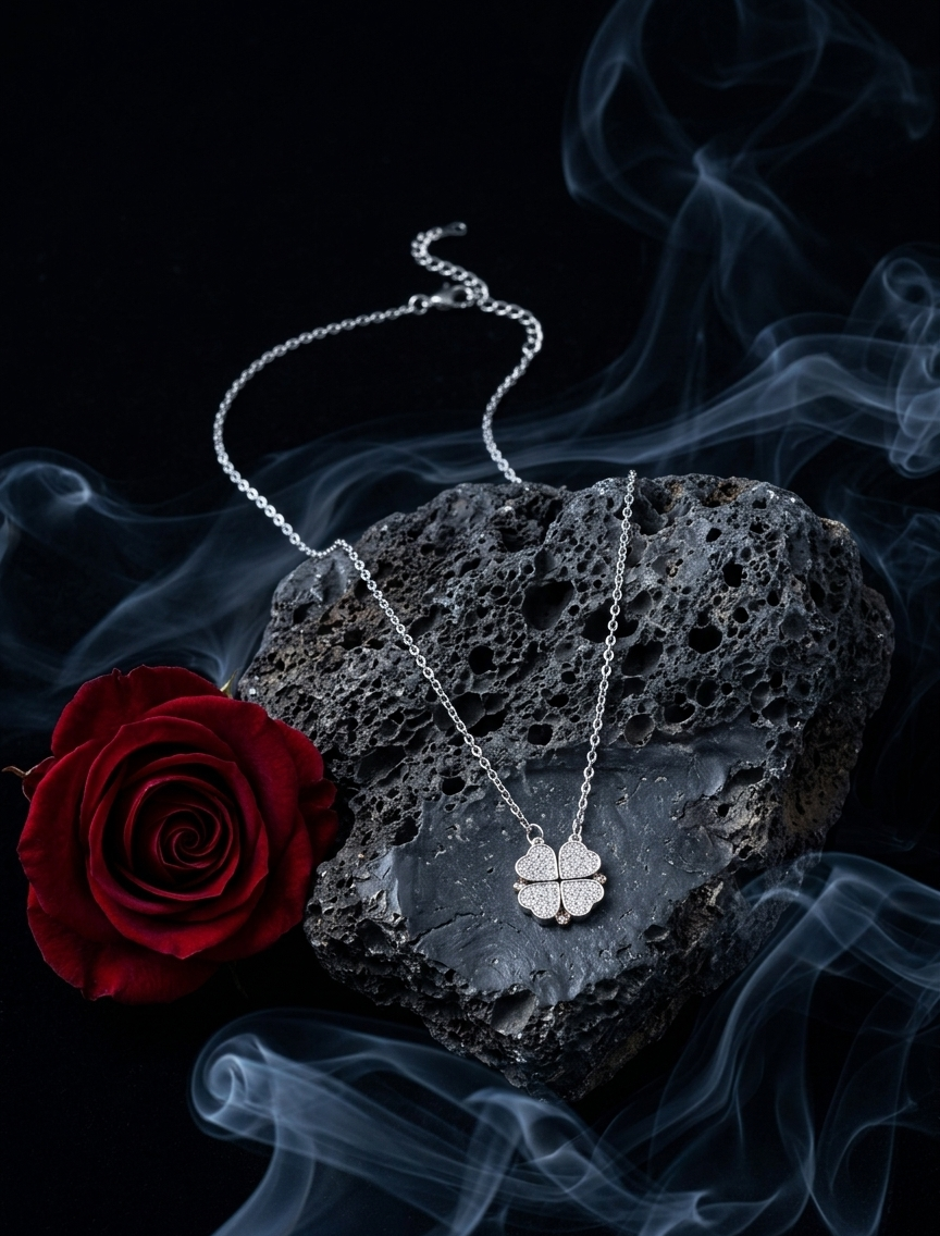 Ashir Studio magnetic four-leaf clover heart necklace featuring a silver-tone pendant with intricate leaf and heart design.