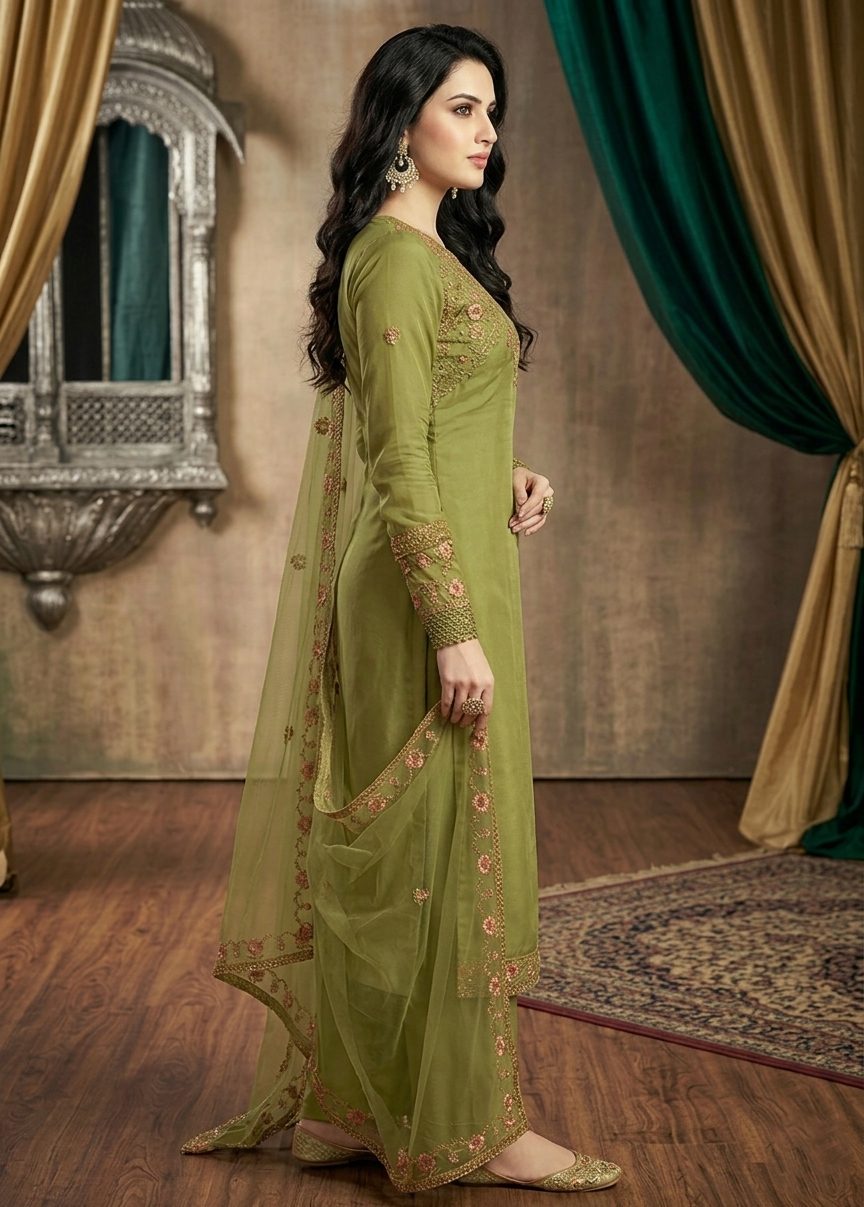 Luxury Olive Green Embroidered 3-Piece Suit