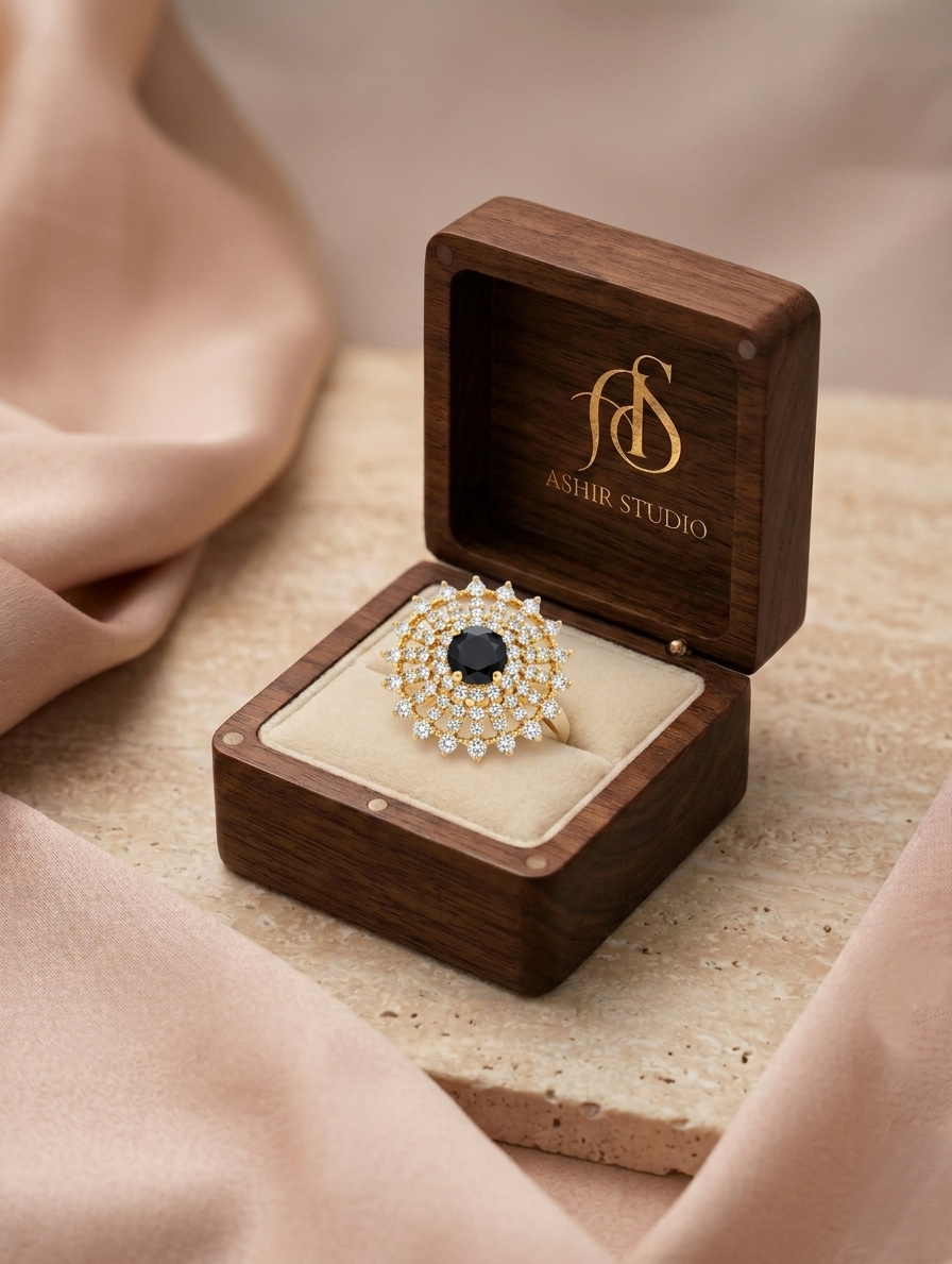 Ashir Studio Midnight Sunburst Onyx Halo Ring with 18K gold plating, tarnish-free jewelry featuring a striking black onyx gemstone.