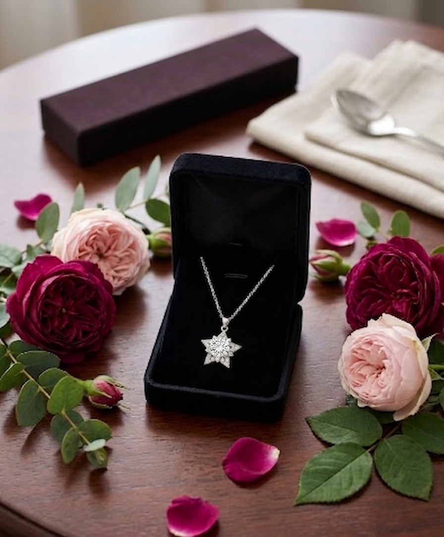 Silver star necklace featuring a magic touch design from Ashir Studio, displayed on a delicate chain.