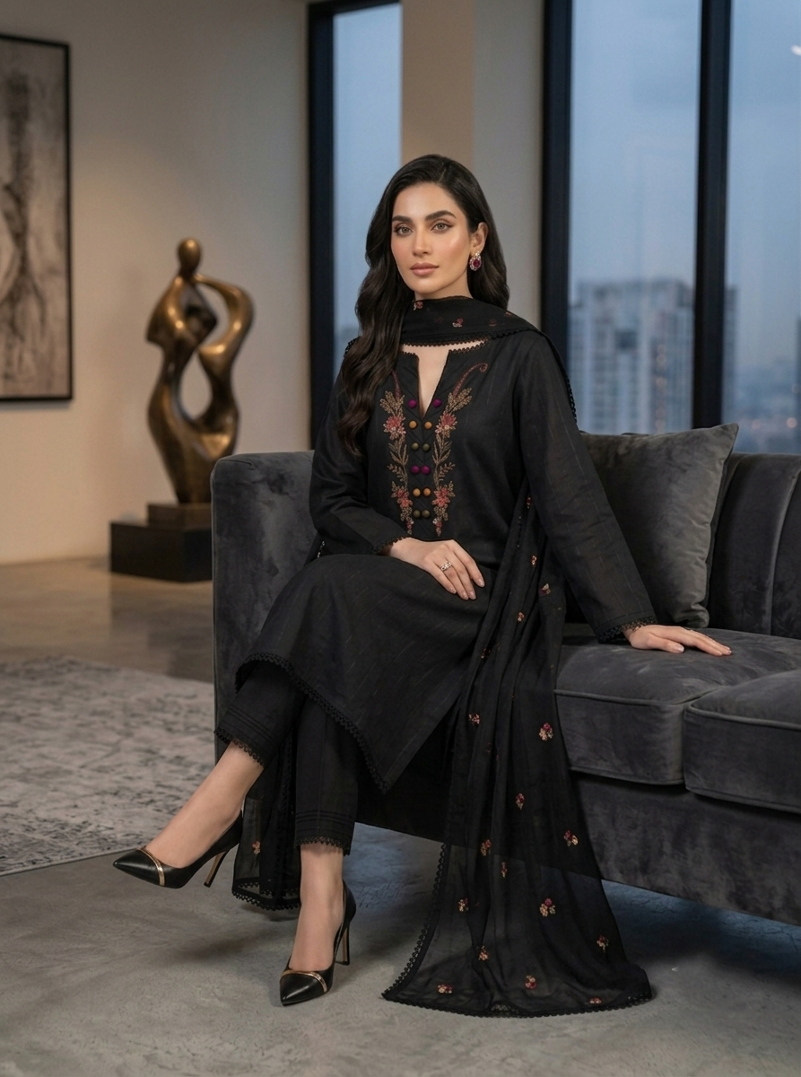 Elegant Black Embroidered 3-Piece Suit