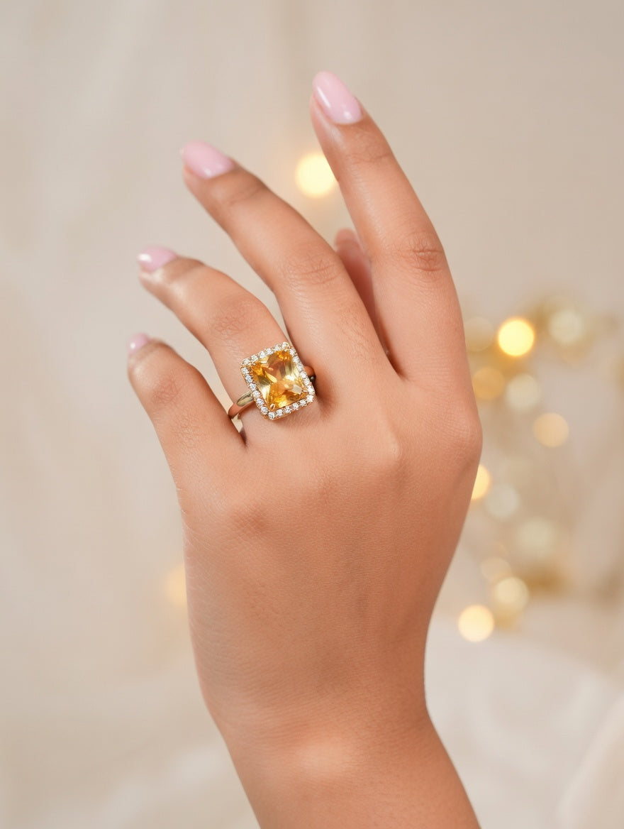 Ashir Studio Radiant Sunshine Cushion-Cut Citrine Halo Statement Ring showcasing a large, sparkling yellow gemstone in a detailed silver setting